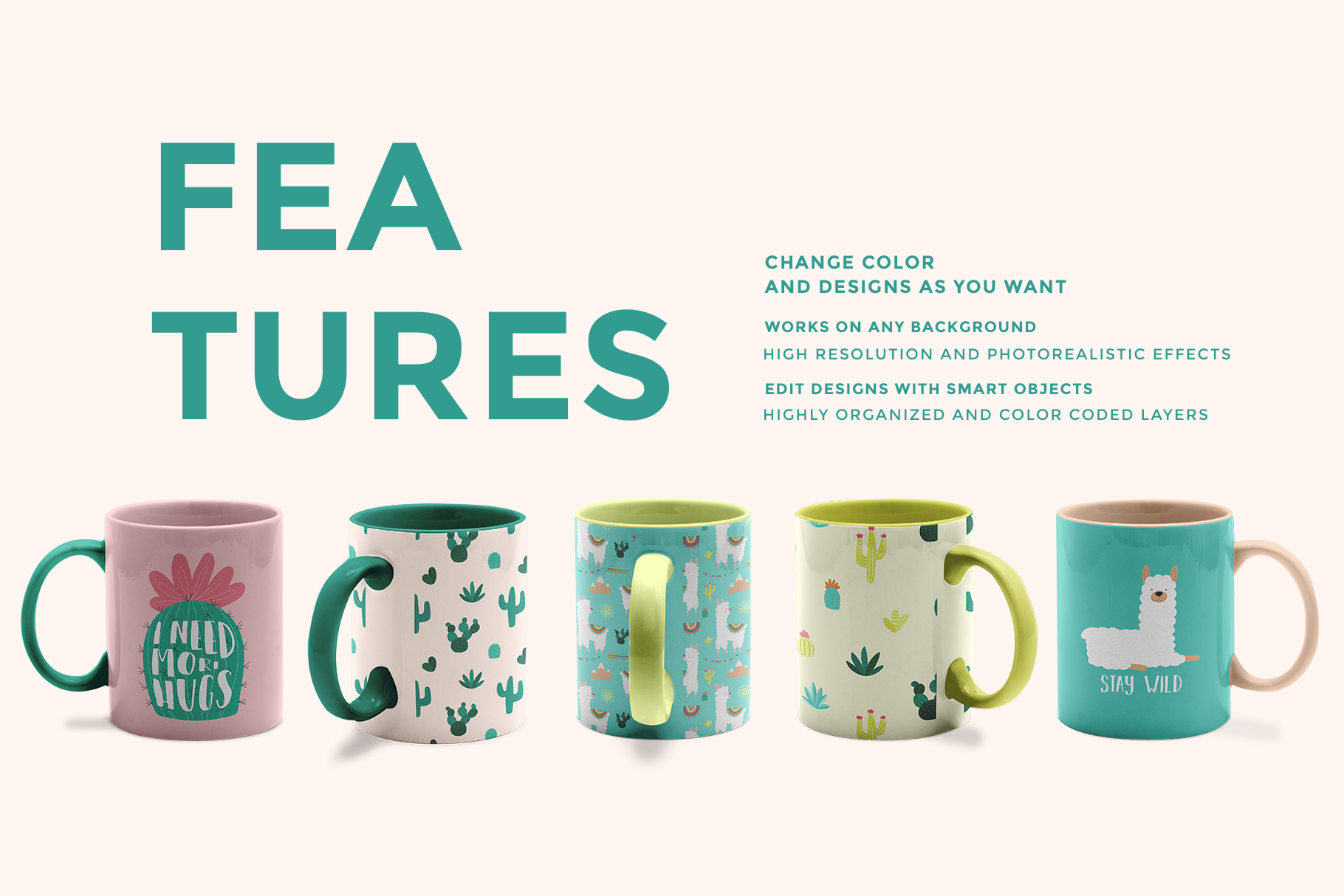 features of the ceramic coffee mugs mockup set