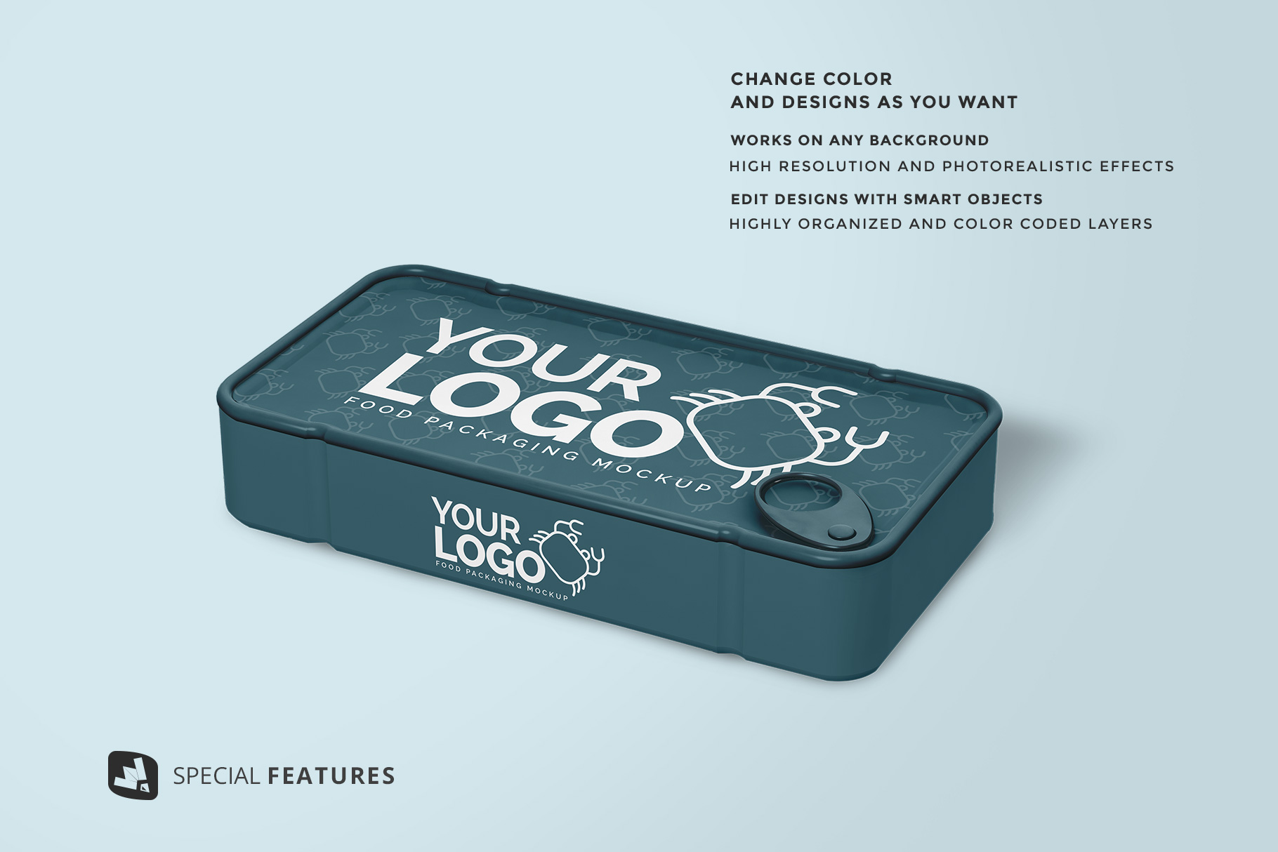 features of the canned food packaging mockup