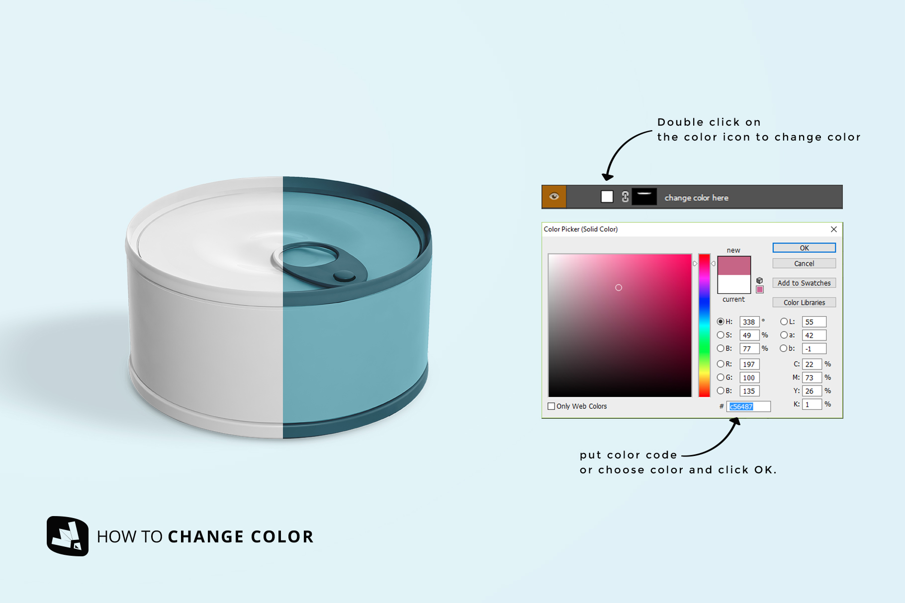 how to change color of the circular canned food packaging mockup