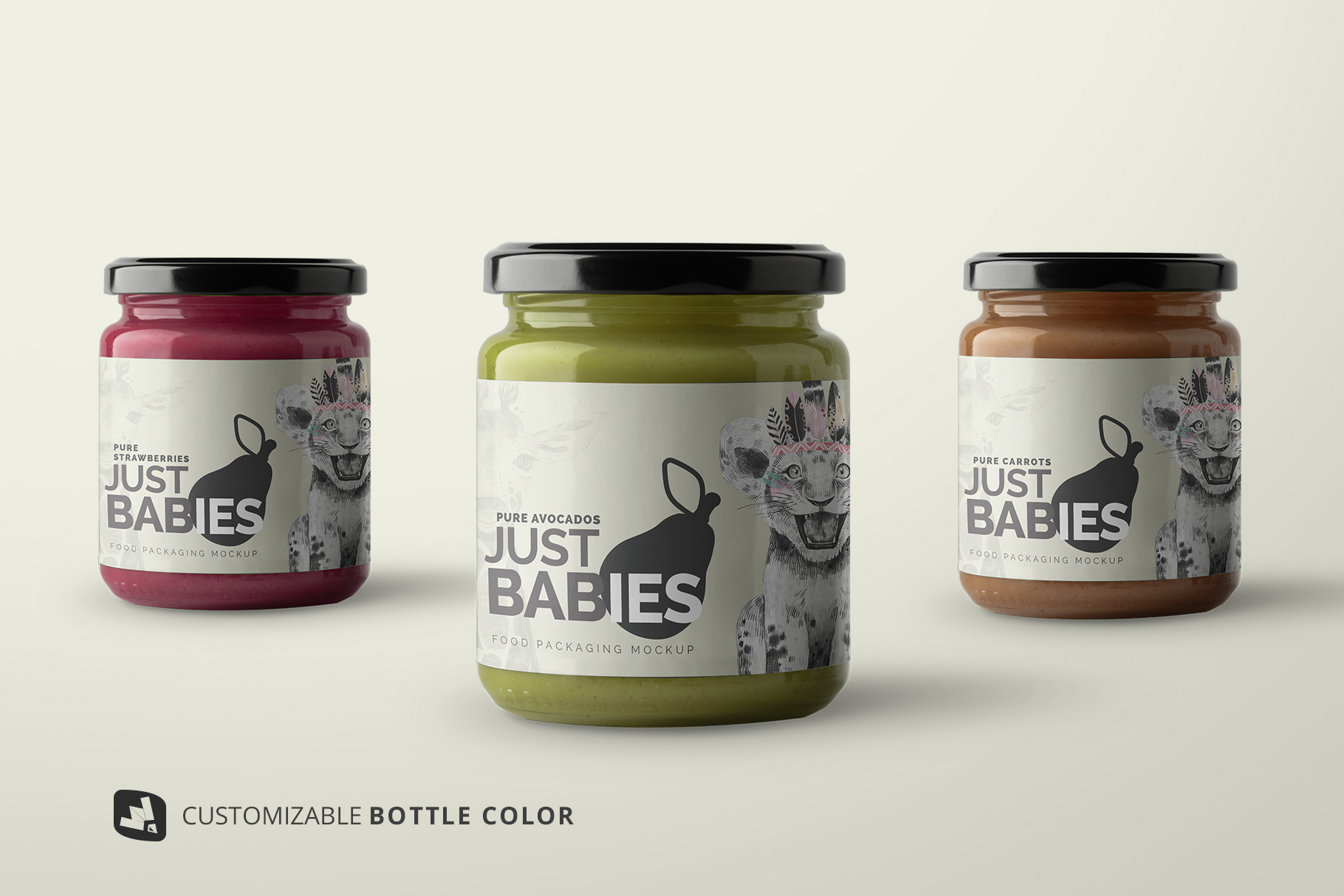 customizable bottle colors of the organic baby food packaging mockup