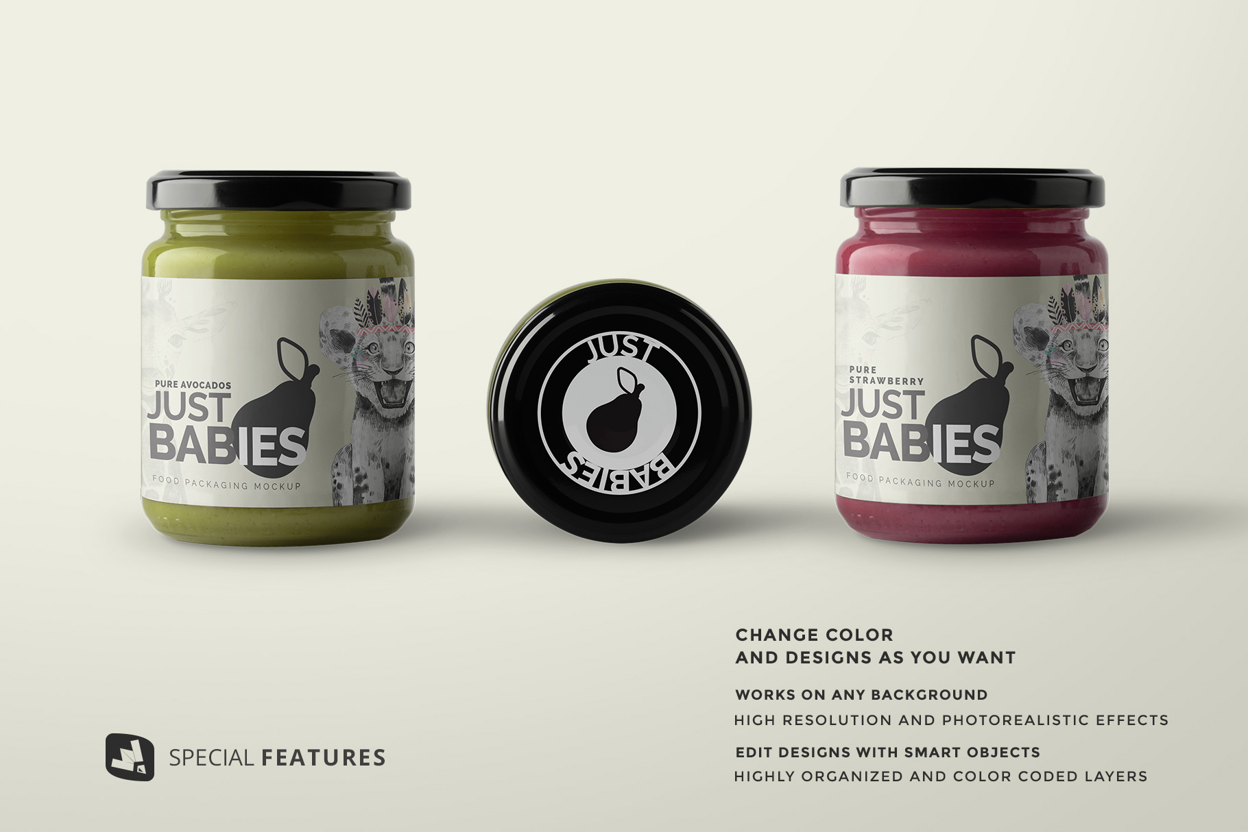 special features of the organic baby food packaging mockup