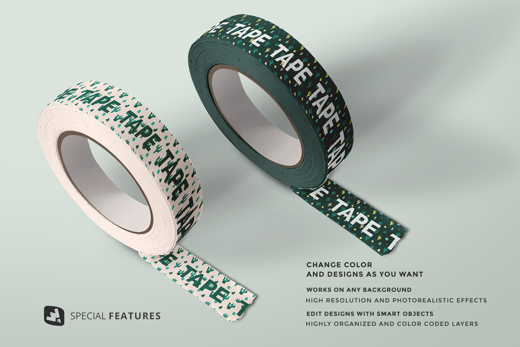 special features of the themed washi tape roll mockup