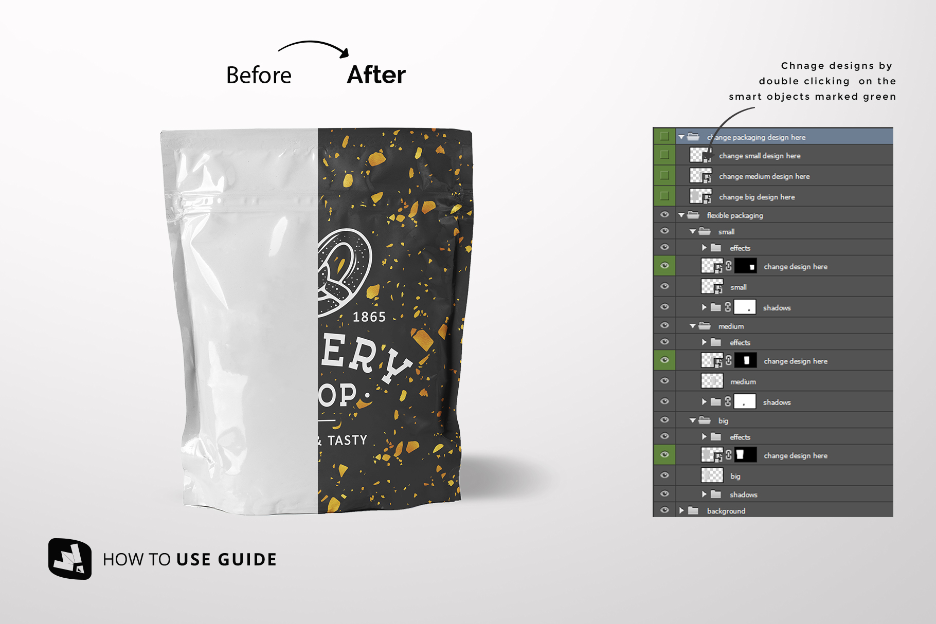 how to change design of the flexible food pouch packaging mockup