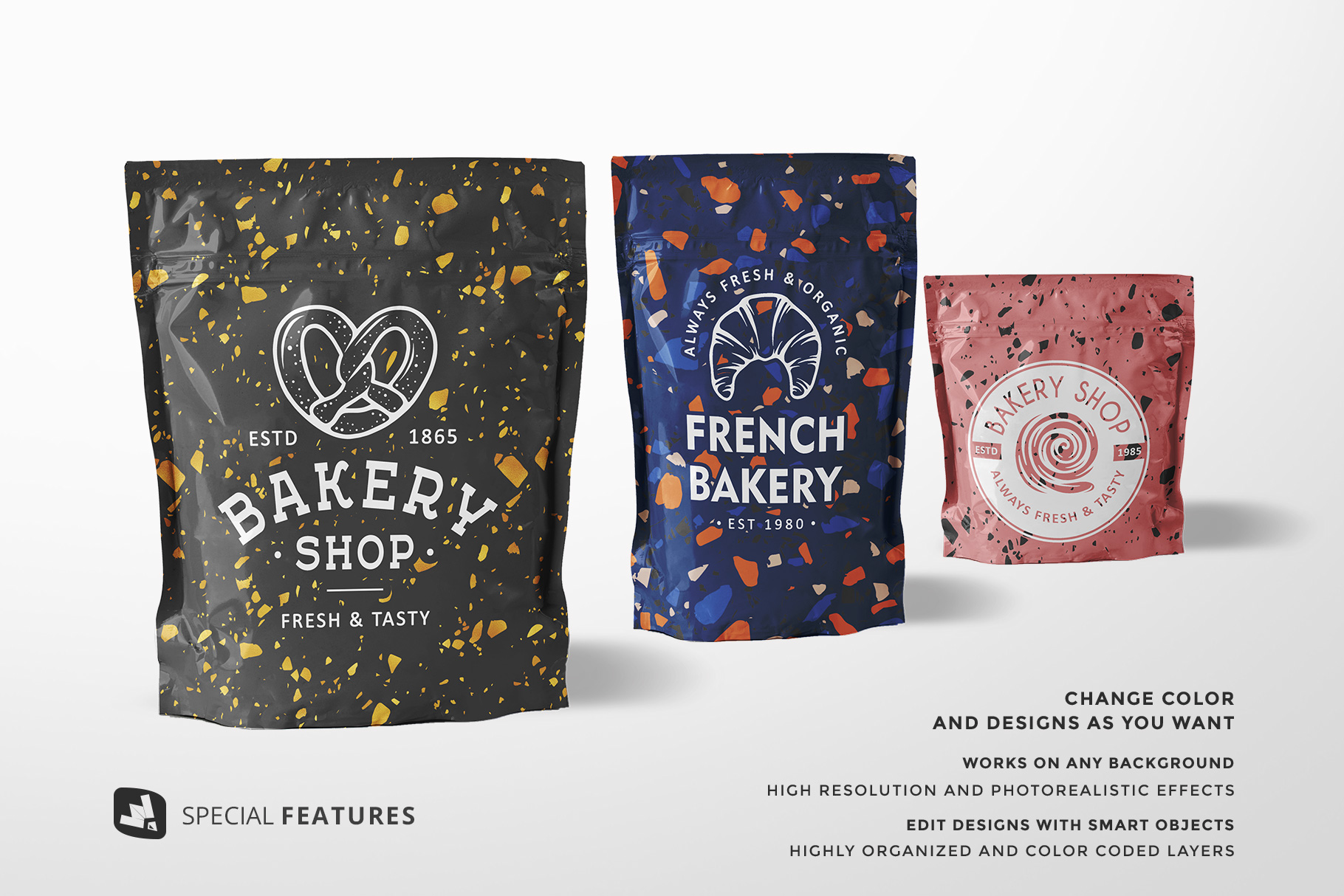 special features of the flexible food pouch packaging mockup