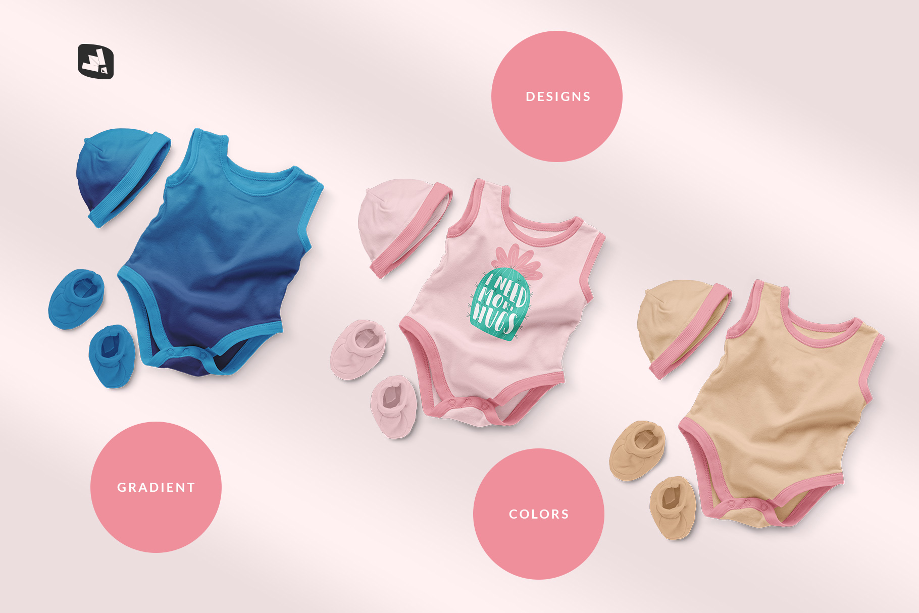 types of the sleeveless baby romper with cap mockup