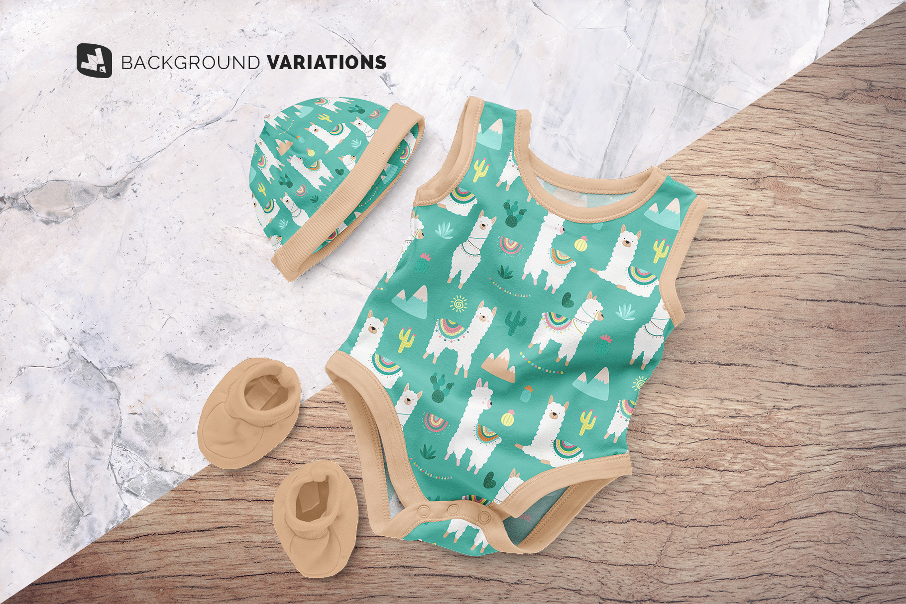 background options of the sleeveless baby romper with cap mockup