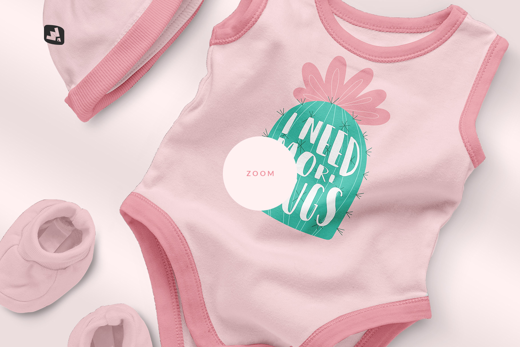 zoomed in image of the sleeveless baby romper with cap mockup