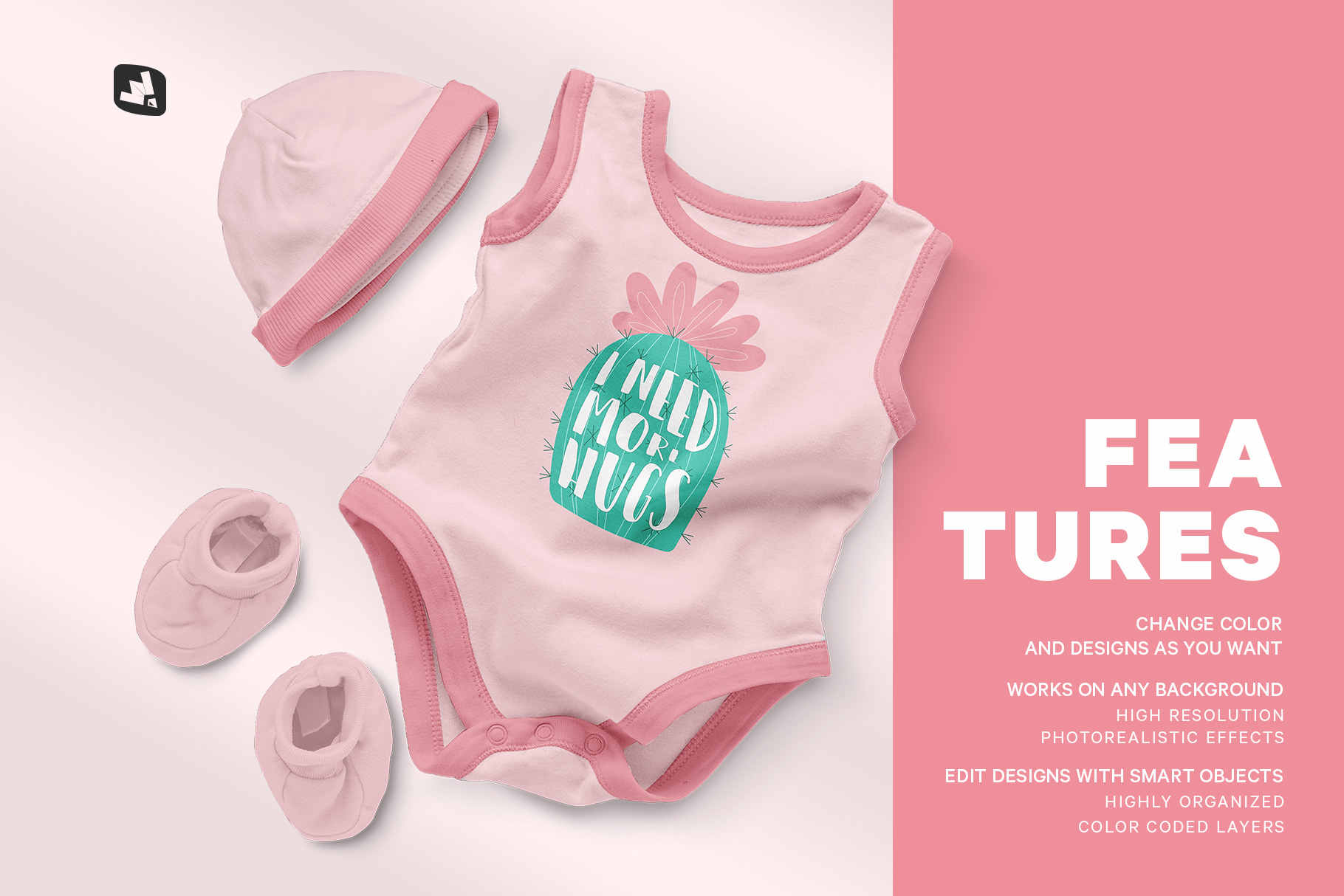 fetures of the sleeveless baby romper with cap mockup