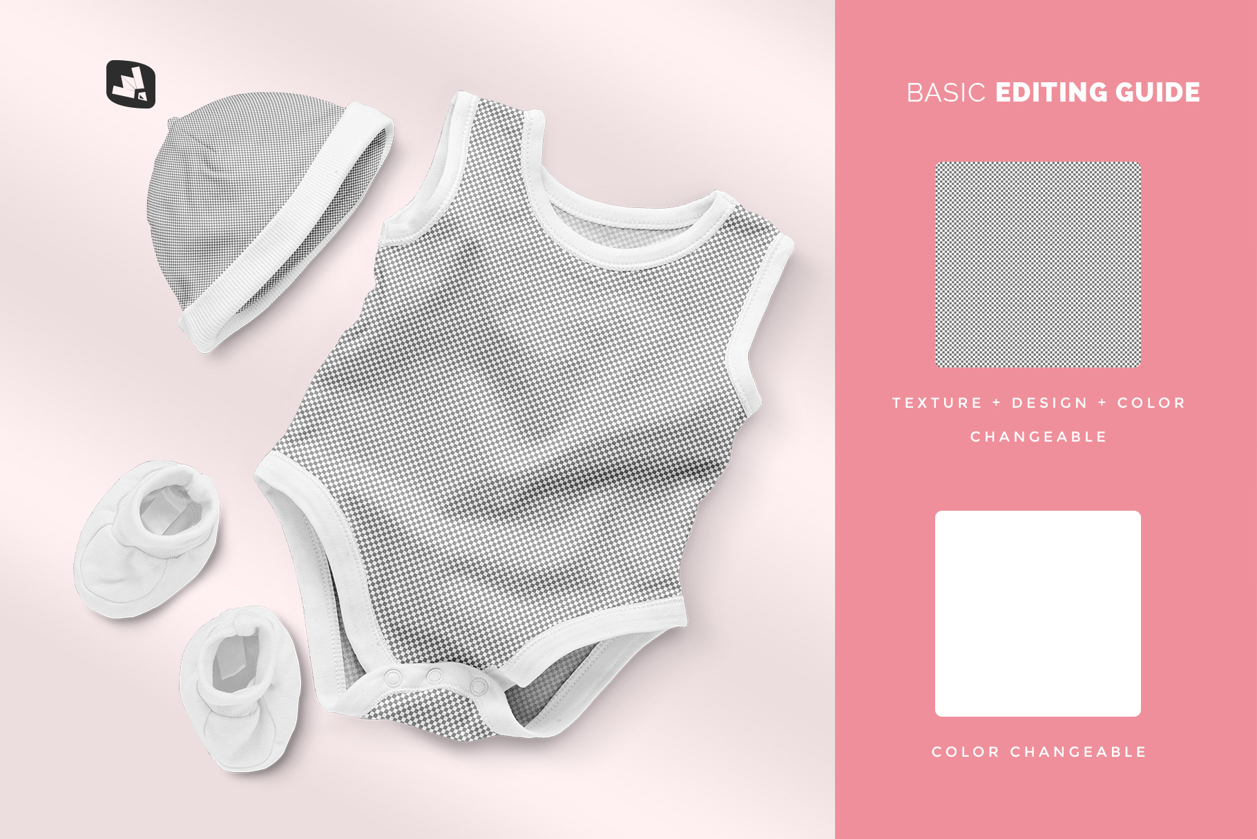 editability of the sleeveless baby romper with cap mockup