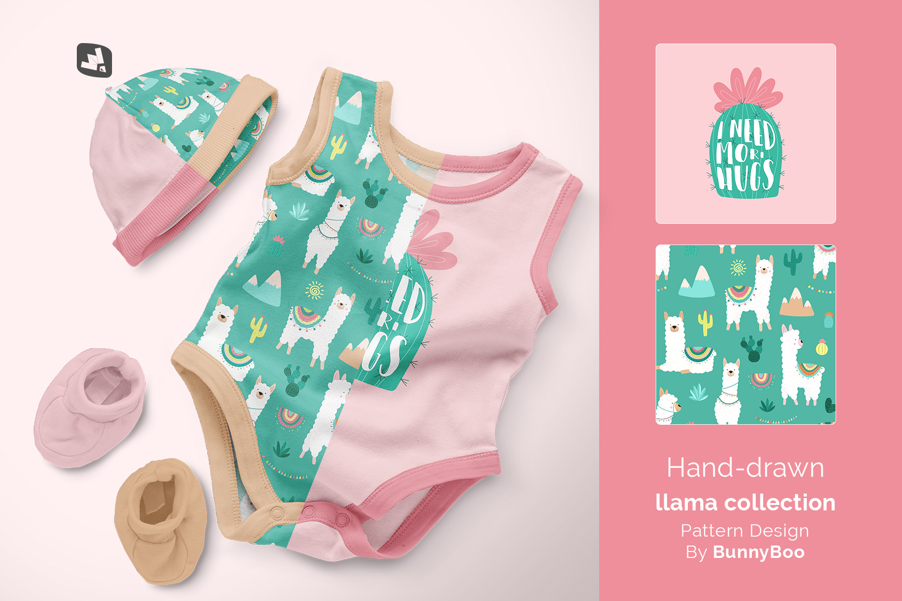 designer's credit of the sleeveless baby romper with cap mockup