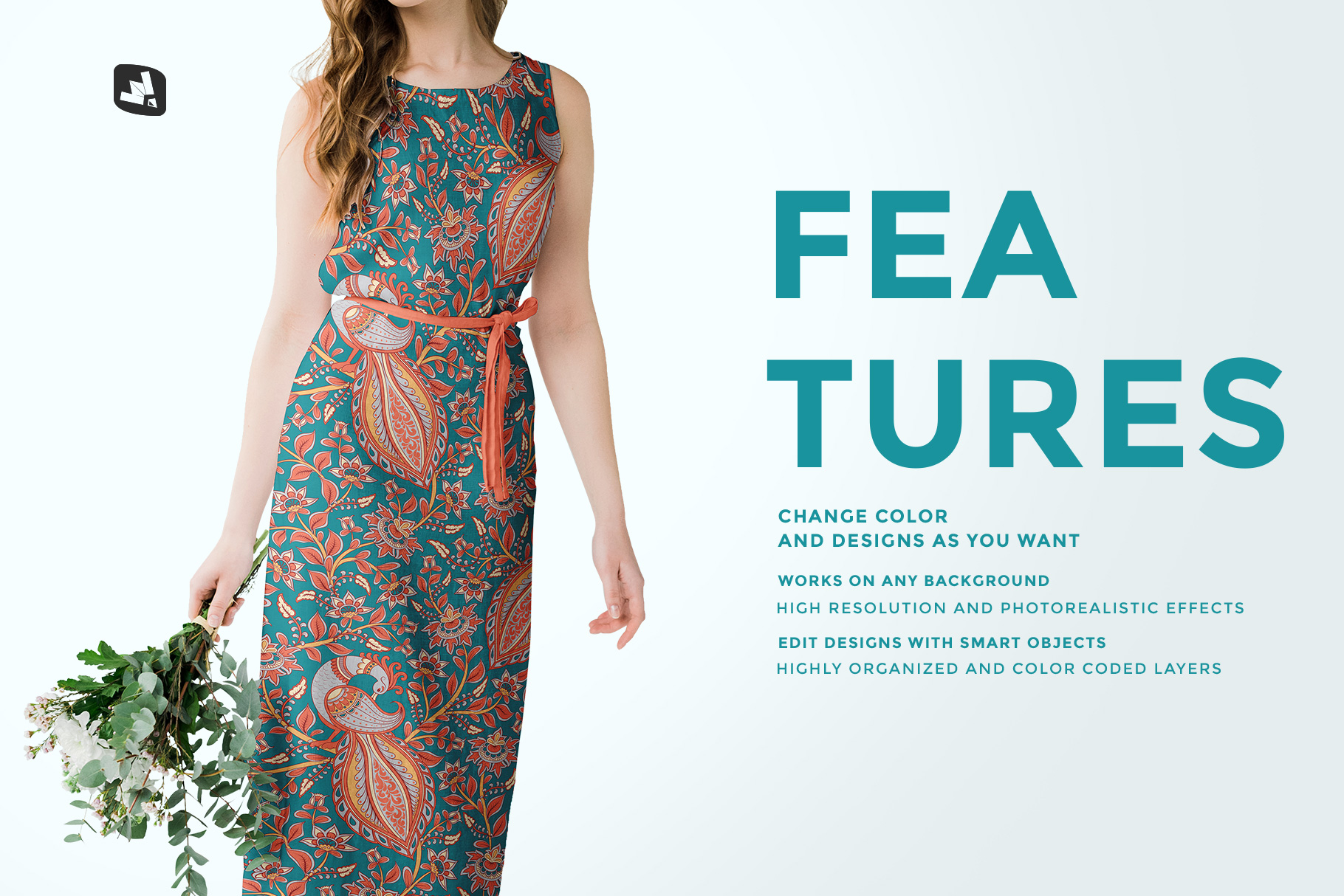 features of the female cotton summer dress mockup
