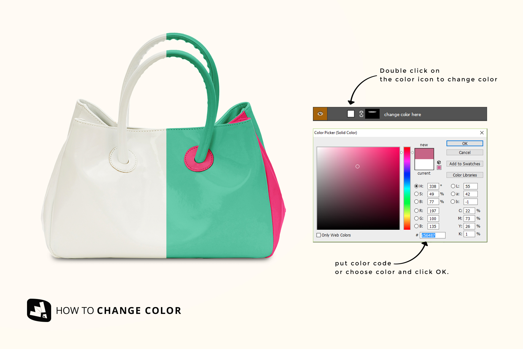 how to change color of the female handbag mockup