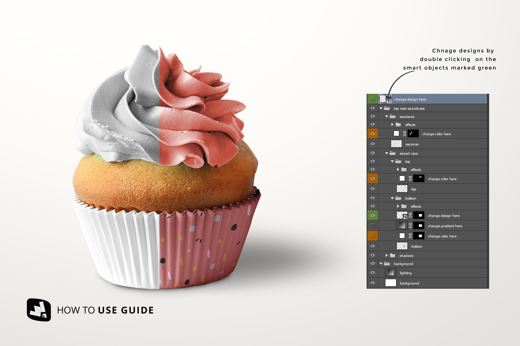how to change design of the frontview cupcake casing mockup