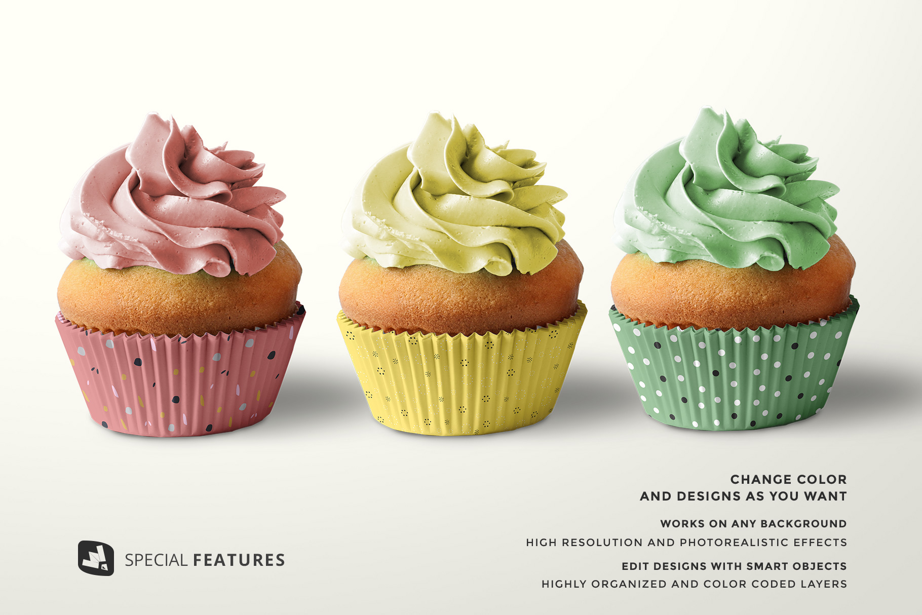 special features of the frontview cupcake casing mockup