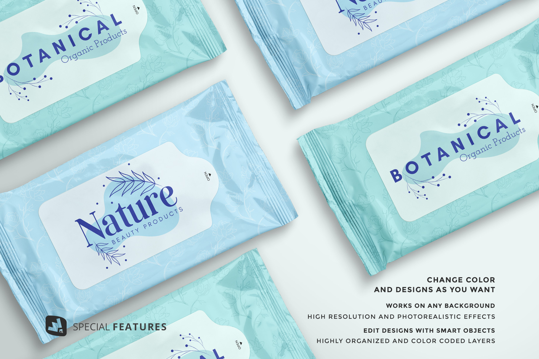 special features of the disposable wipes packaging mockup