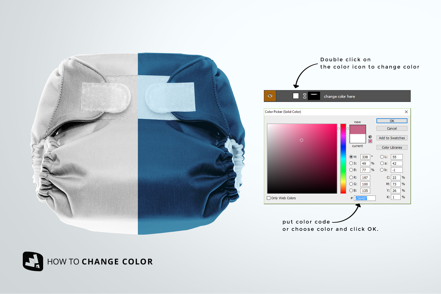how to change color of the reusable velcro cloth diaper mockup