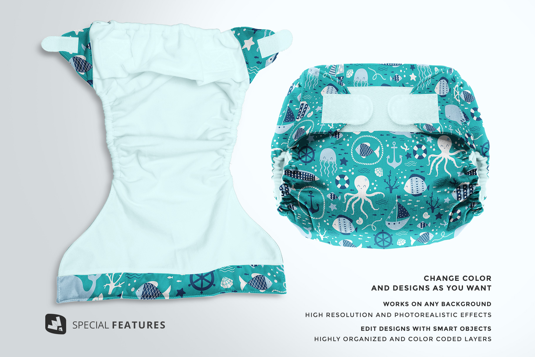 special features of the reusable velcro cloth diaper mockup