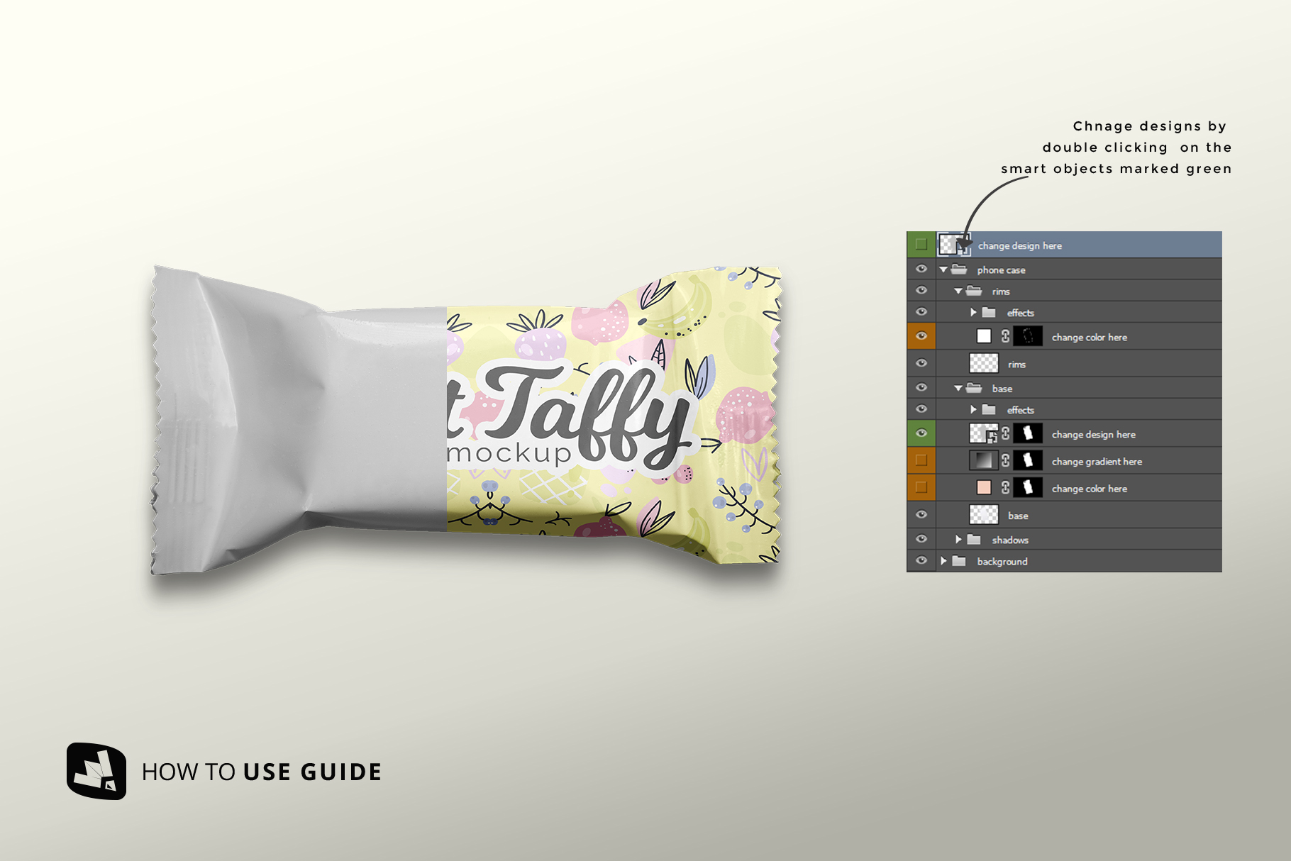 how to change design of the top view taffy packaging mockup