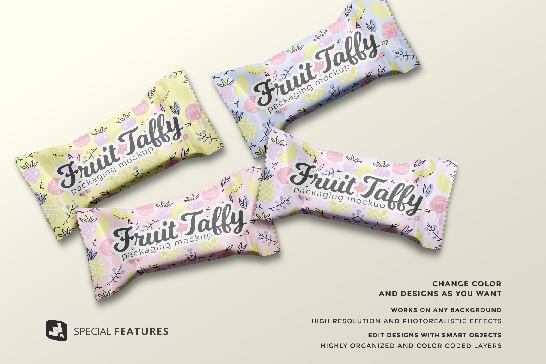 special features of the top view taffy packaging mockup