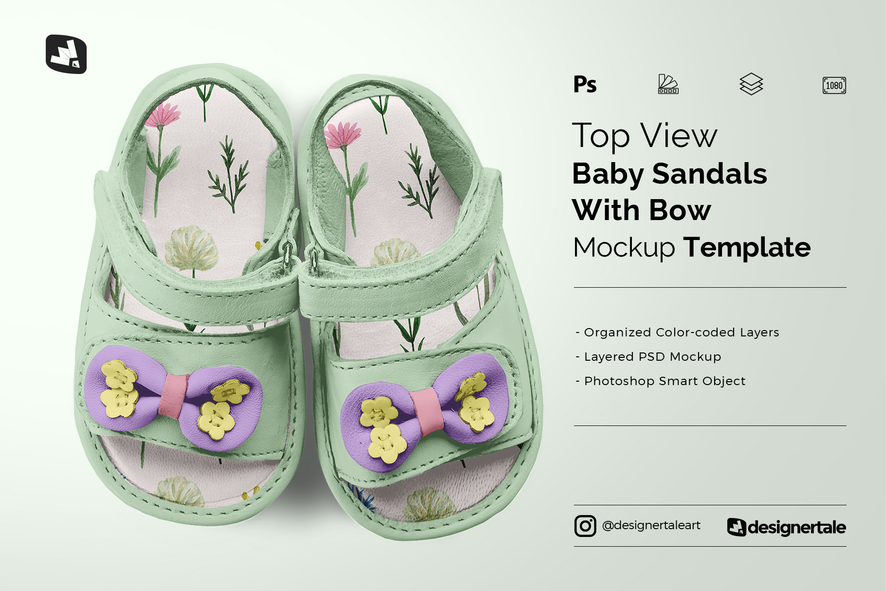 topview baby sandals with bow mockup