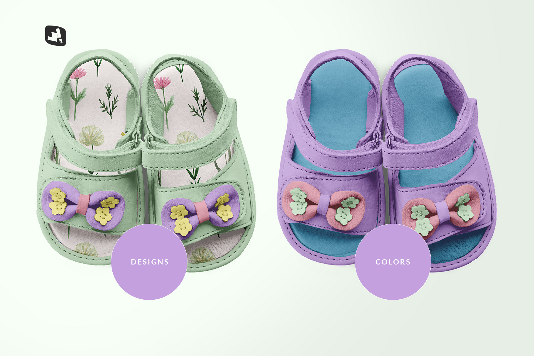 types of the topview baby sandals with bow mockup