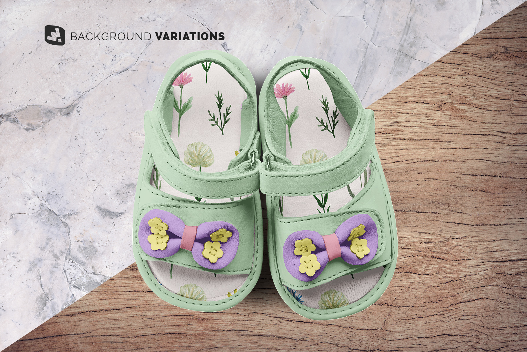 background options of the topview baby sandals with bow mockup
