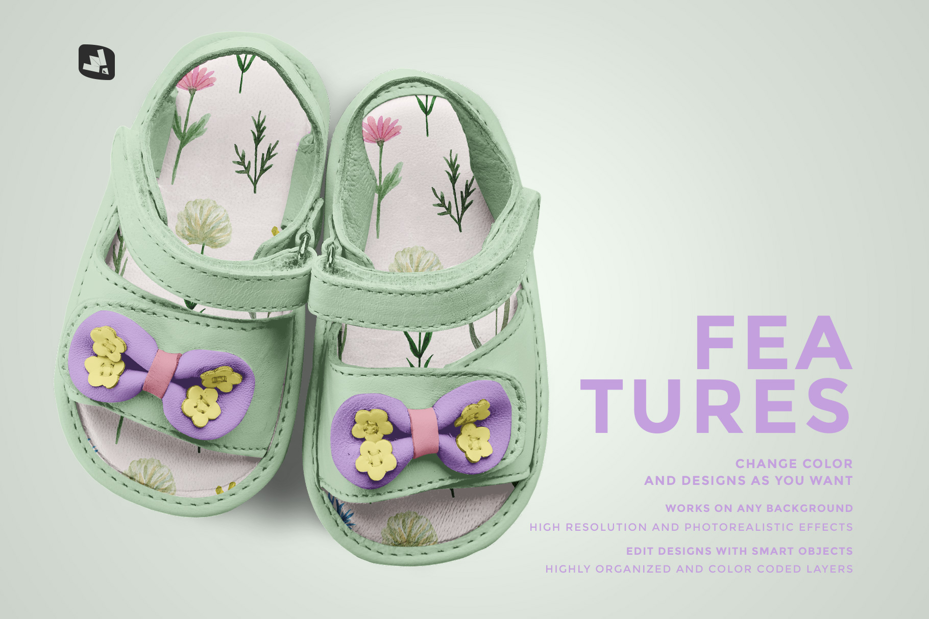features of the topview baby sandals with bow mockup