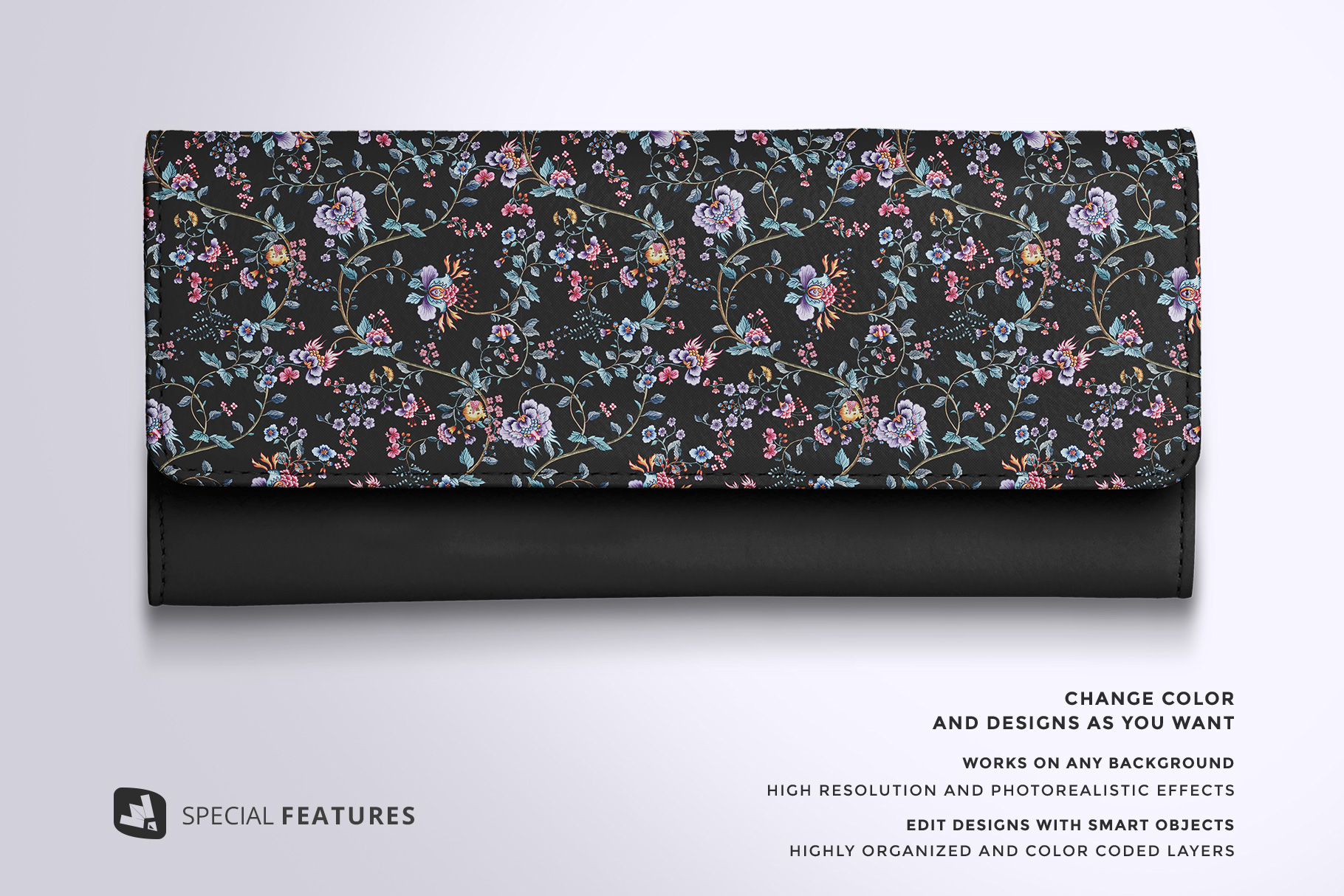 special features of the top view women's purse mockup