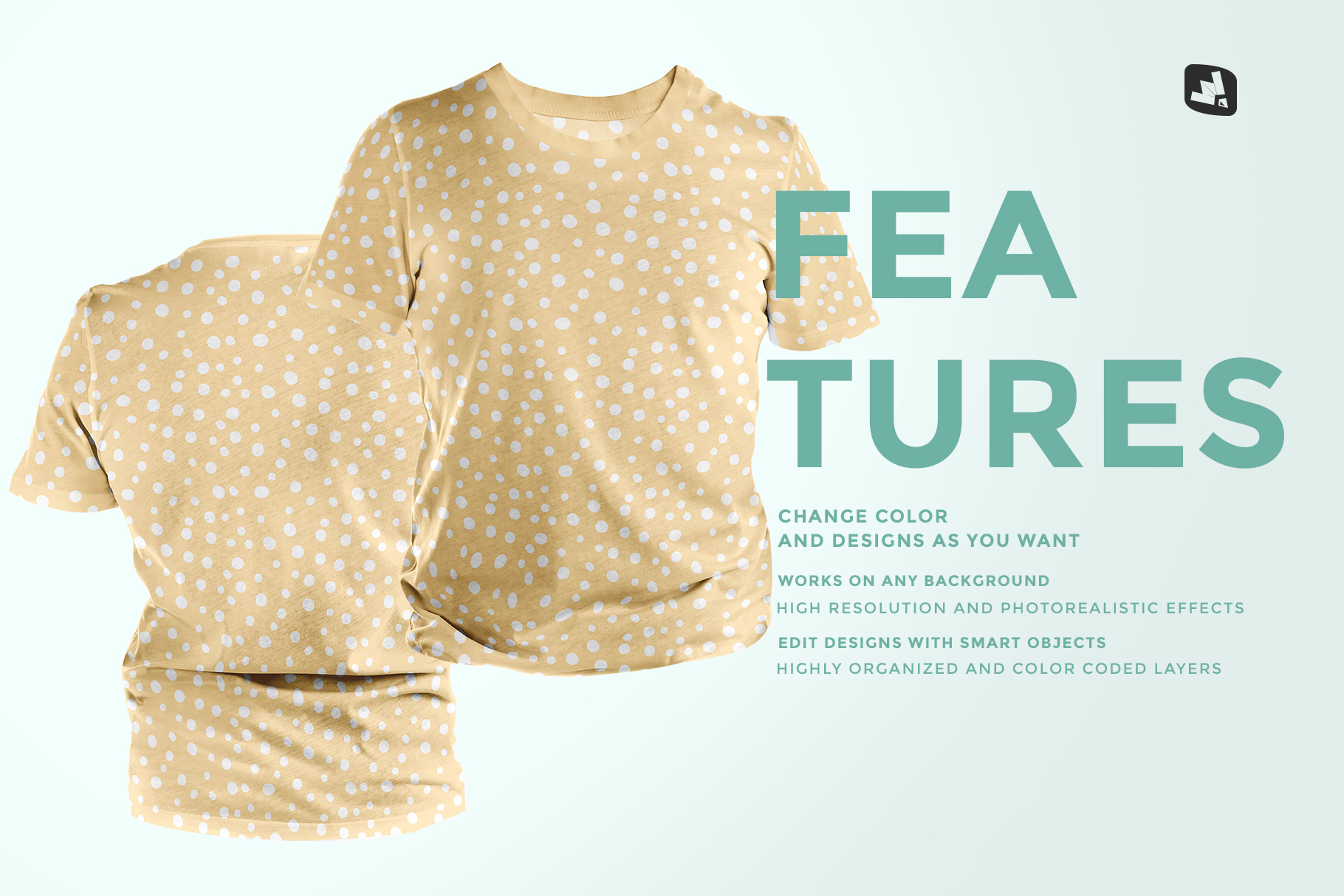 features of the men's round collar tshirt mockup