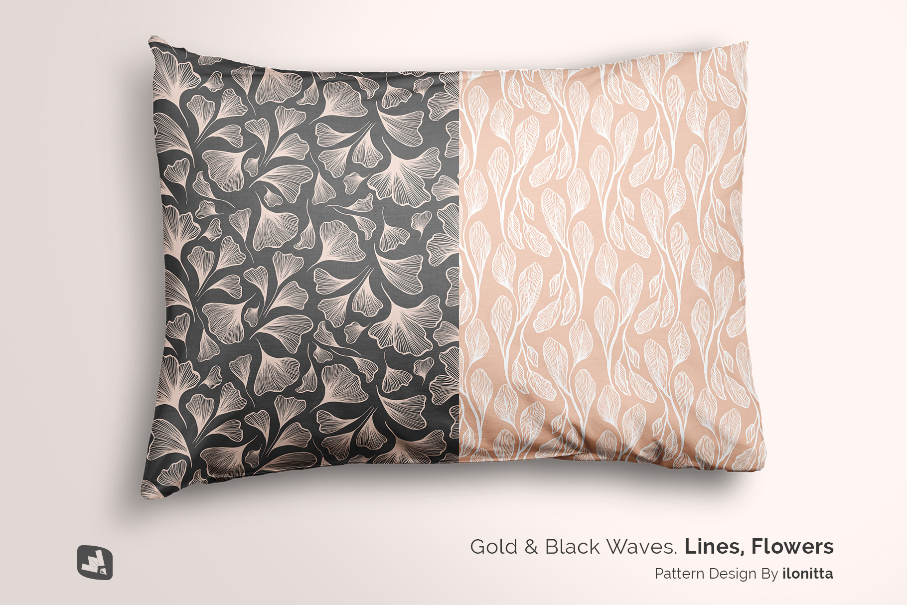 designer's credit of the set of cotton pillow case mockup