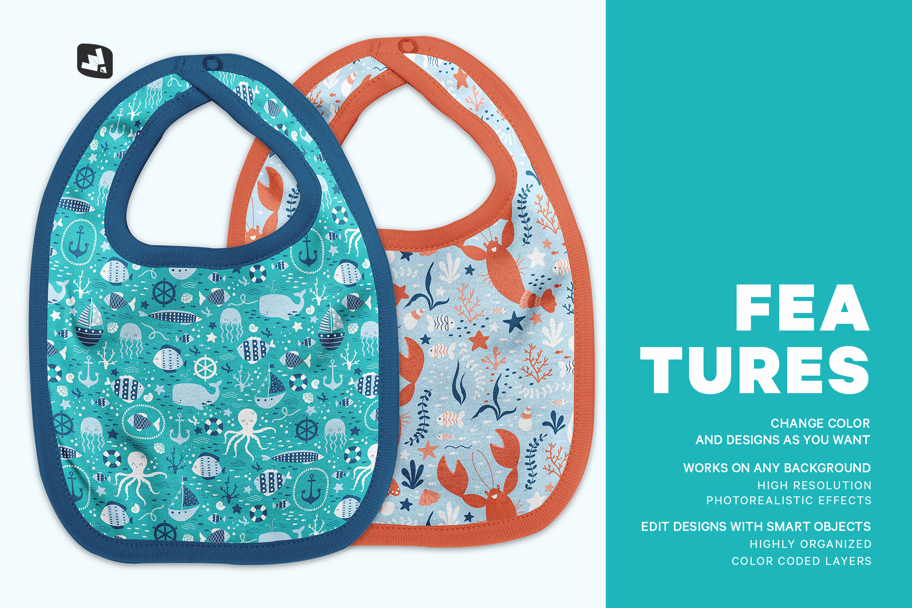 features of the top view baby bib mockup