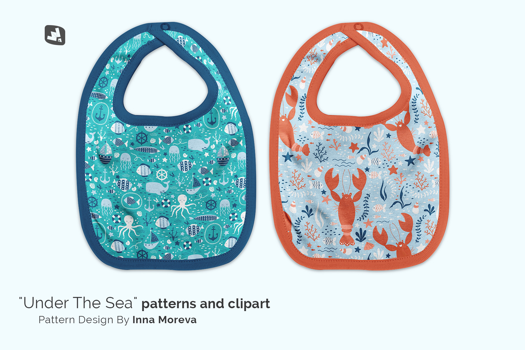 designer's credit of the top view baby bib mockup