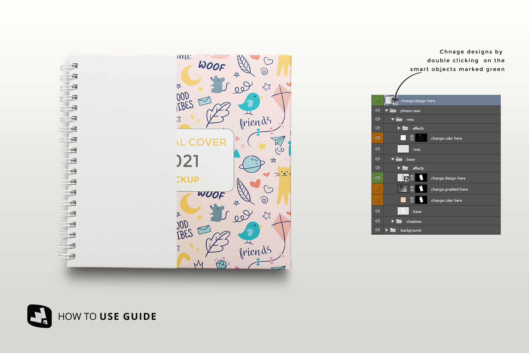 how to change design of the top view spiral journal cover mockup
