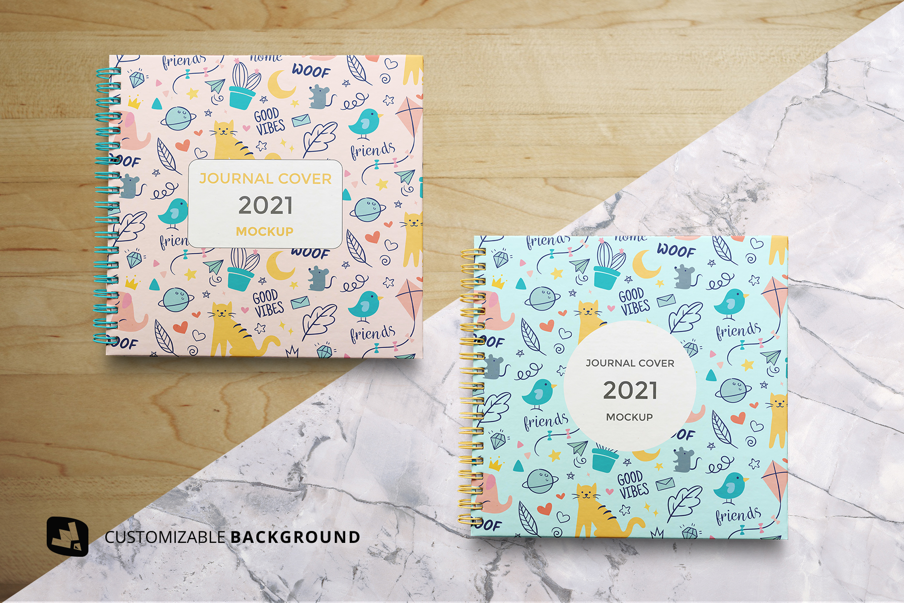 background options of the top view spiral journal cover mockup