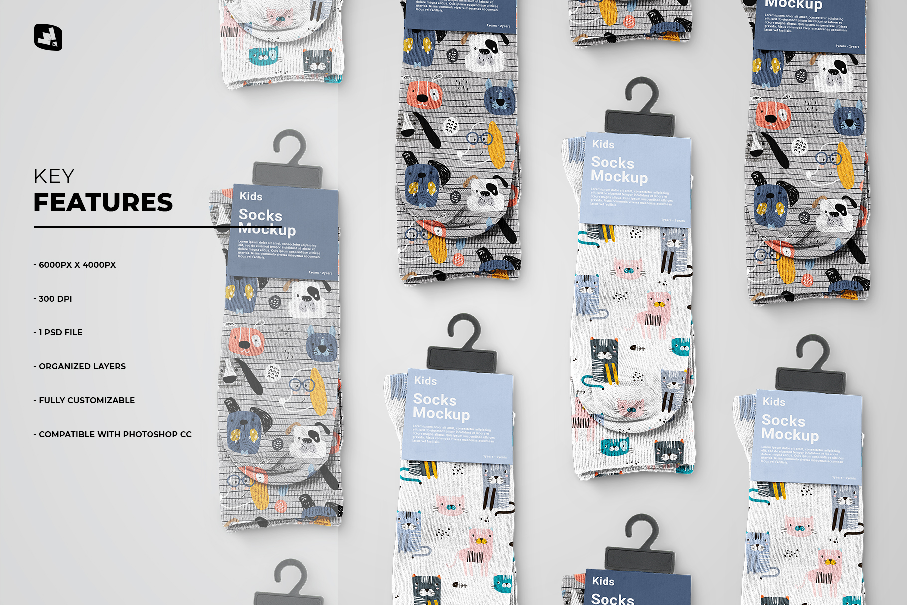 key features of the kids high socks mockup