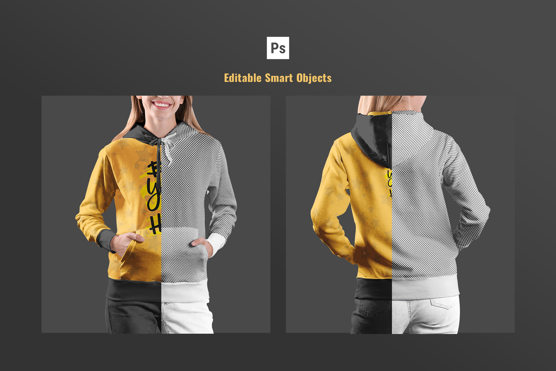 editable smartobjects of the female hoodie sweater mockup