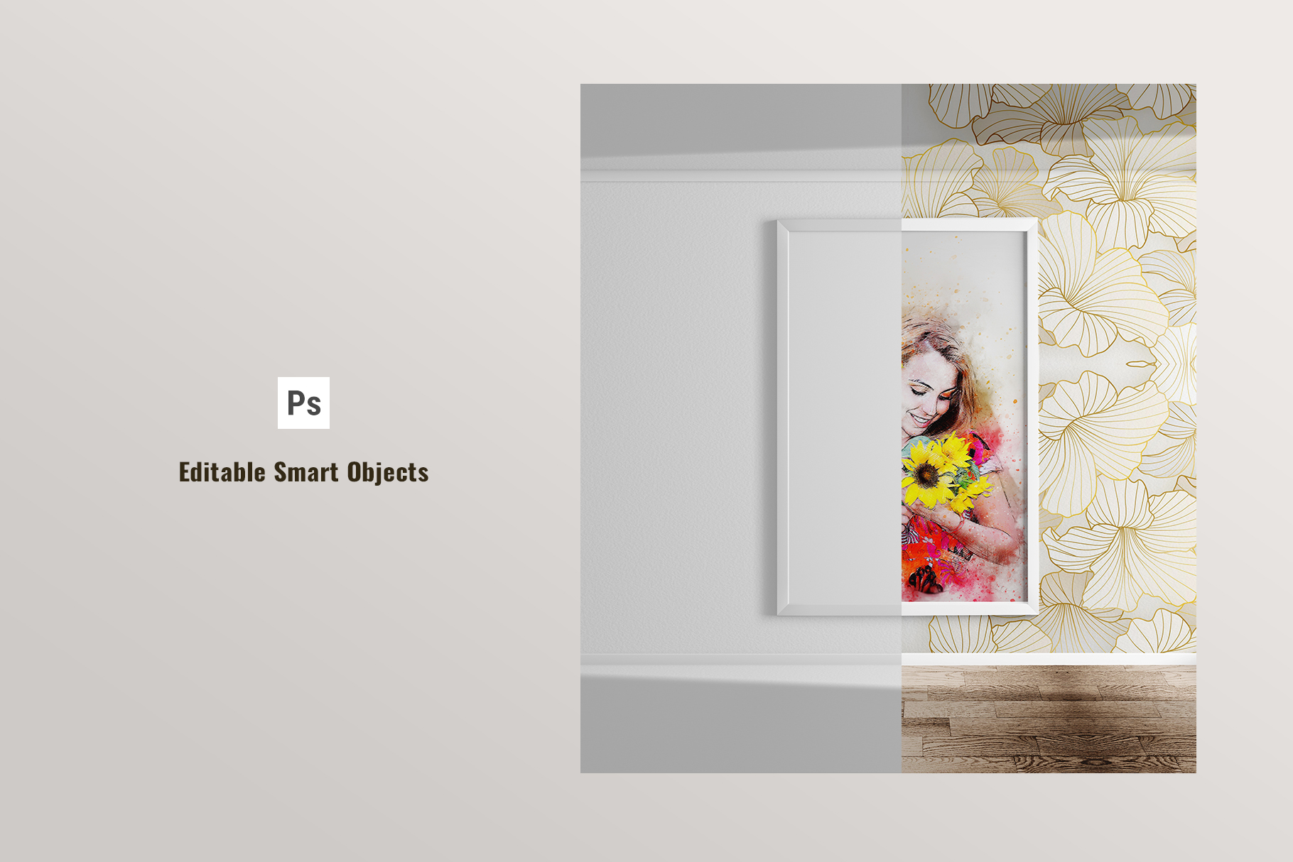 editable smart objects of the framed poster with wallpaper mockup