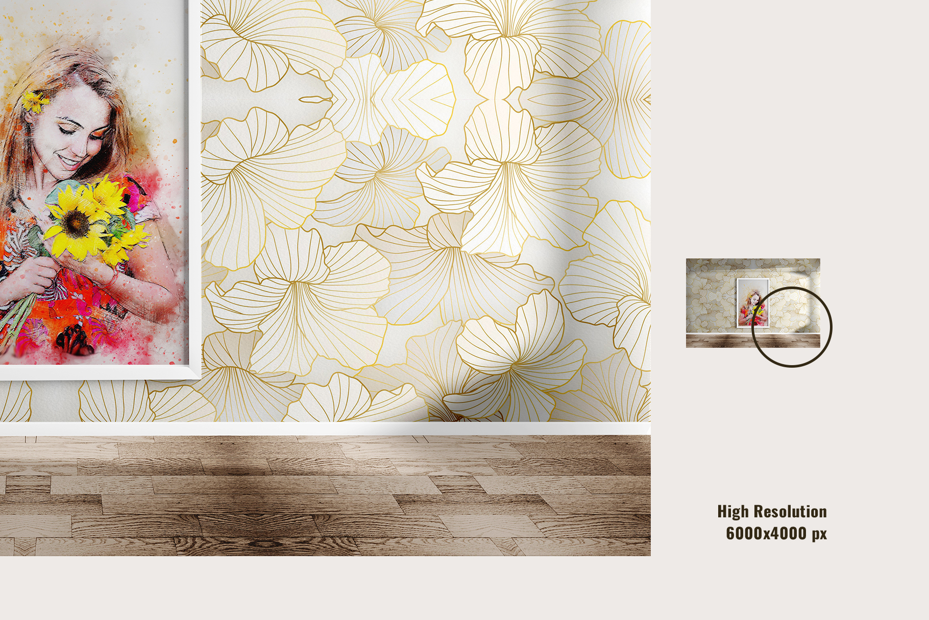 zoomed in images of the framed poster with wallpaper mockup