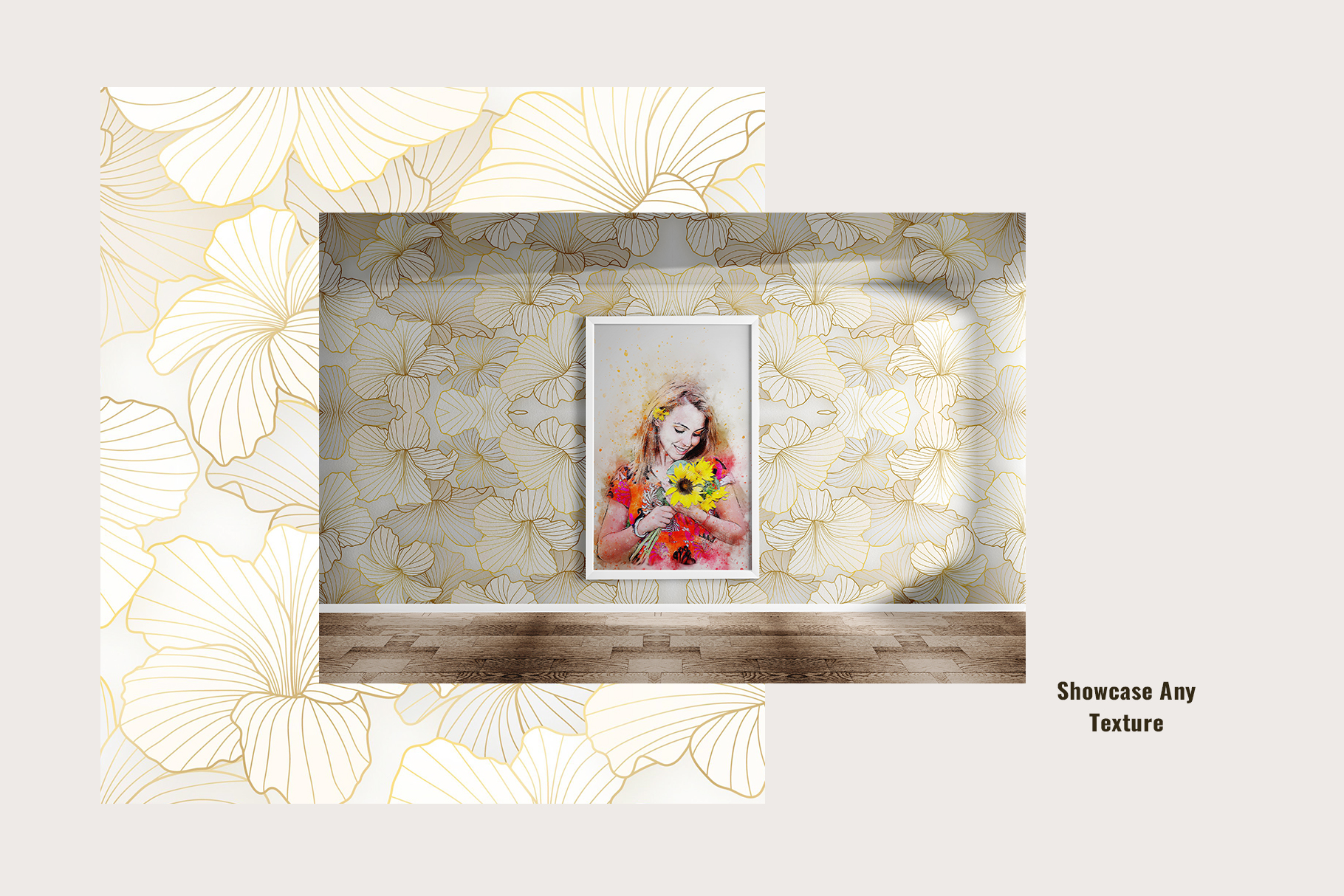 texture application of the framed poster with wallpaper mockup