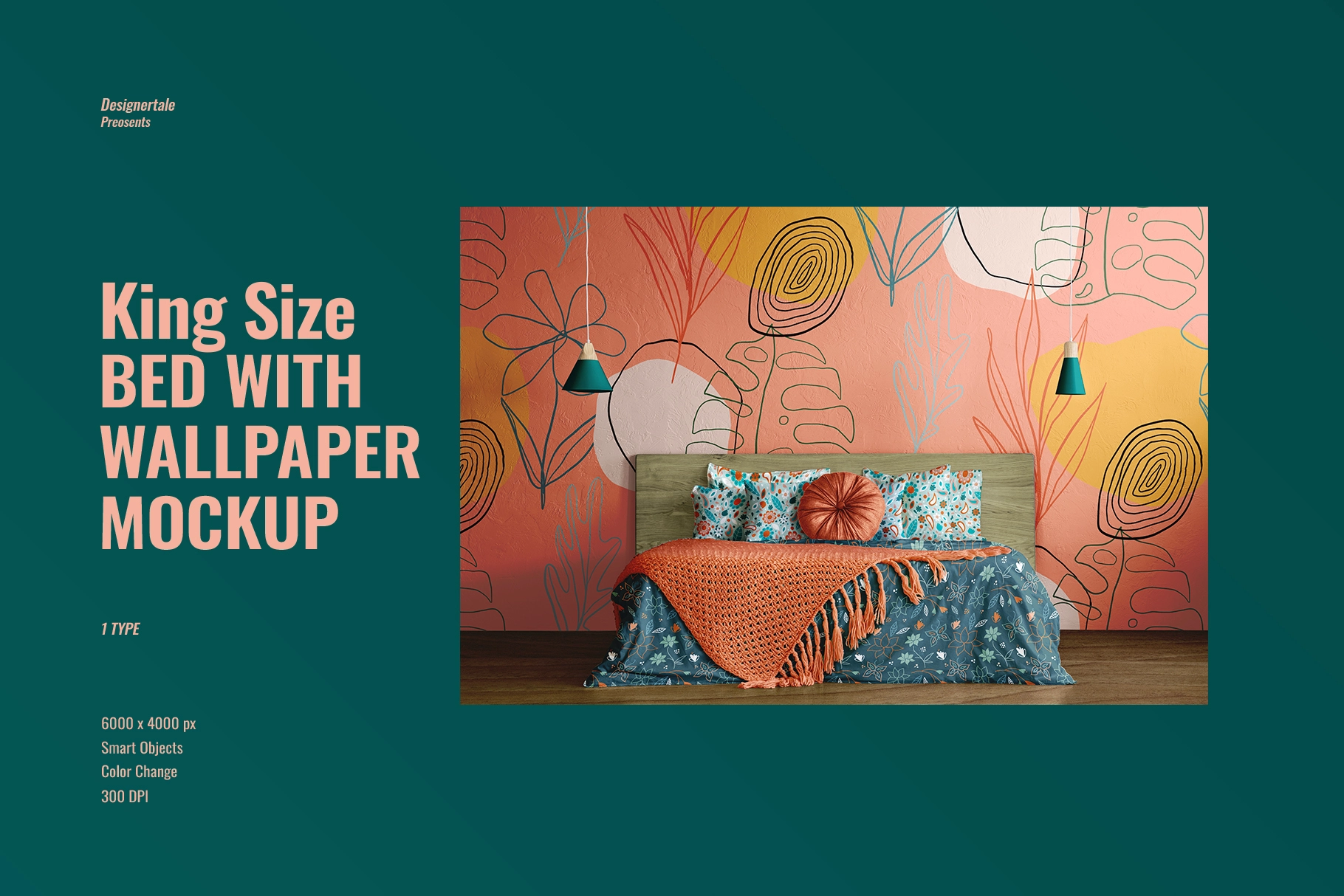 king size bed with wallpaper mockup -1