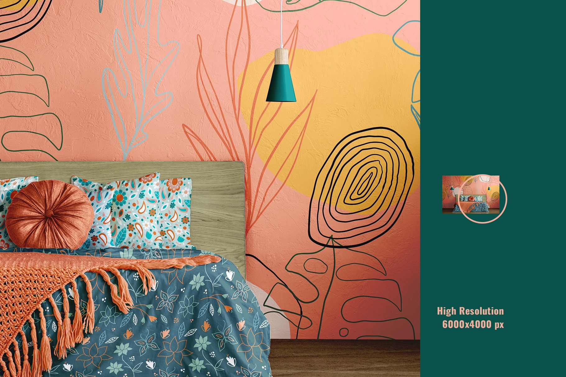 king size bed with wallpaper mockup -4