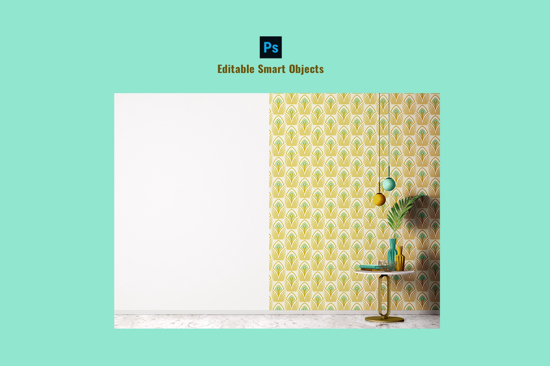editable smart objects of the wallpaper scene mockup pack